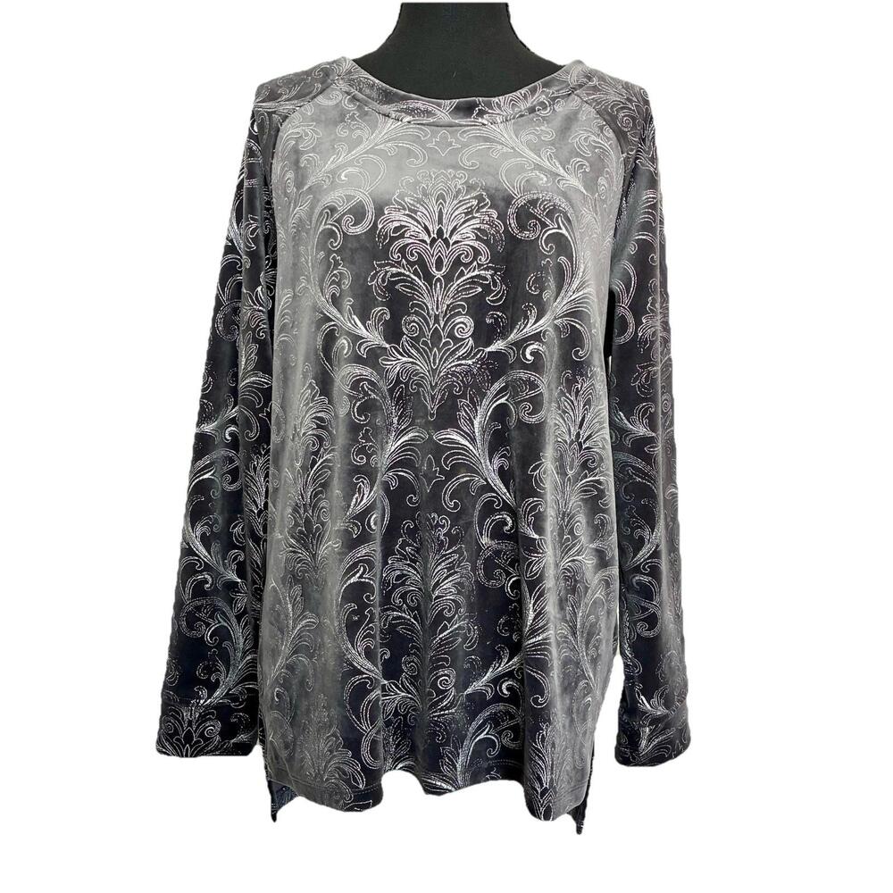 Chico’s Zenergy Velvety Scroll Print Long Sleeve Top Women’s 2 (12/14) L Gray